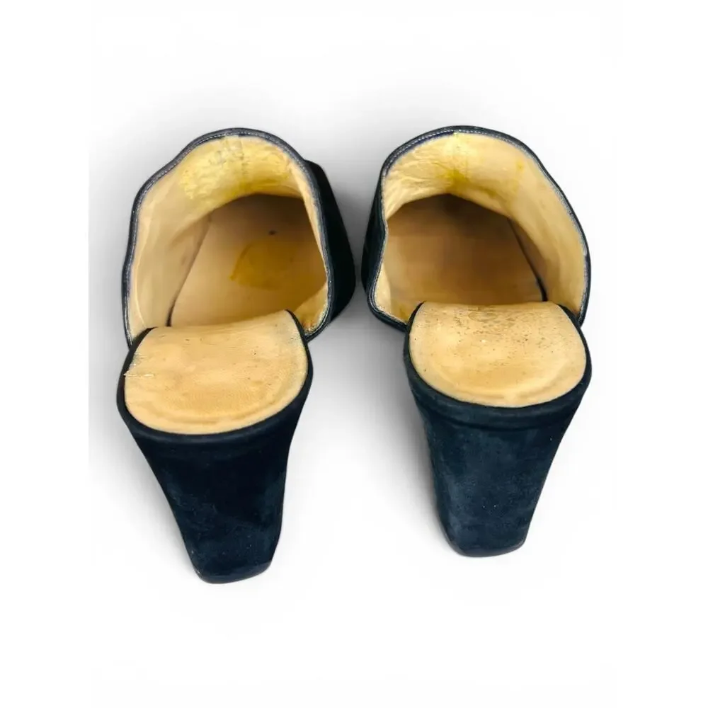 Chanel Vintage CC Logo Black Suede Block Heel Mules 35.5 Square Toe Slides Italy